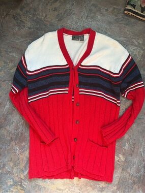 VINTAGE LizWear Womens M Cardigan Red White Blue Stripe Preppy USA Americana 80s